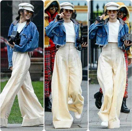 Kendall Jenner - Pantalon large blanc avec veste en jean