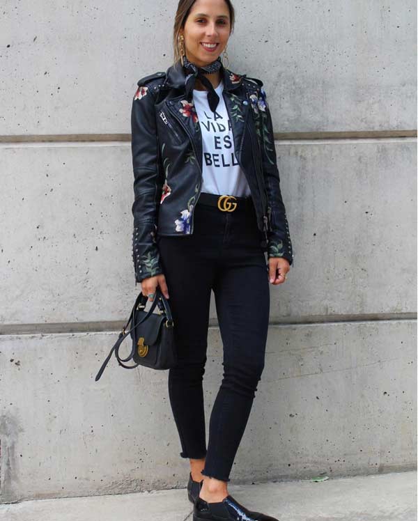 Veste en cuir avec broderie fleurs