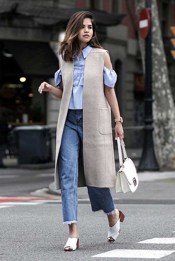 Gilet gris avec jean et chemisier blanc