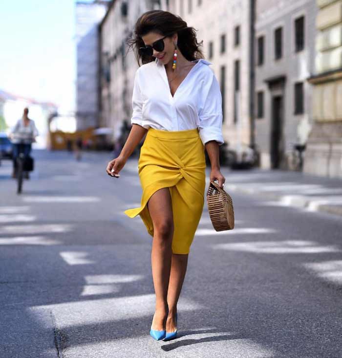 Que porter avec une jupe midi jaune