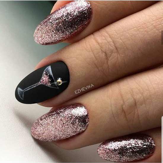 Manucure à paillettes noires et roses