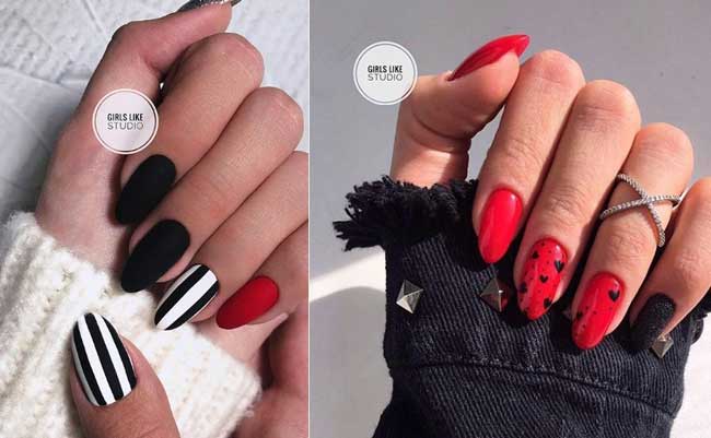 Manucure rouge avec géométrie et dessins