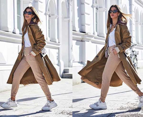 Des choses beiges avec des baskets blanches