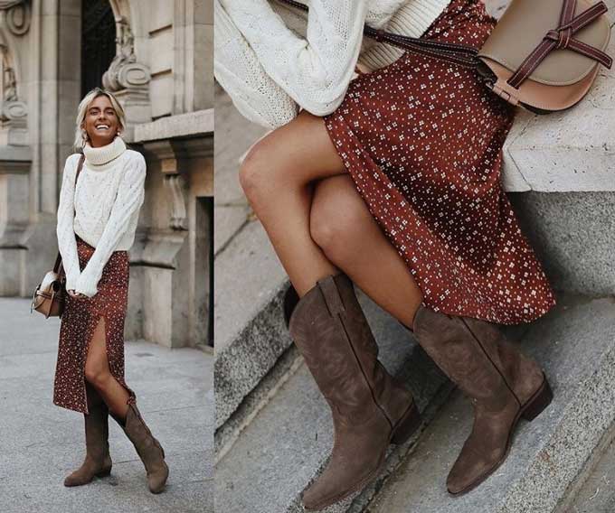 Jupe en soie avec imprimé pull et bottes hautes