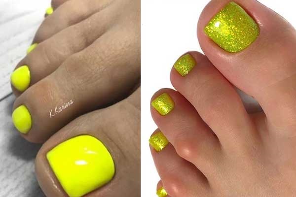 Pédicure de couleur unie jaune fluo