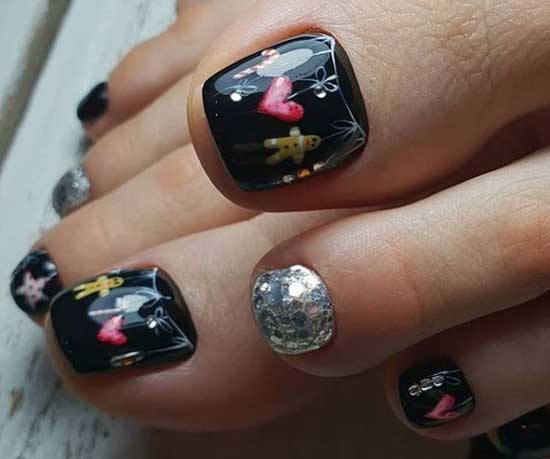 Pédicure avec un motif et un décor brillant