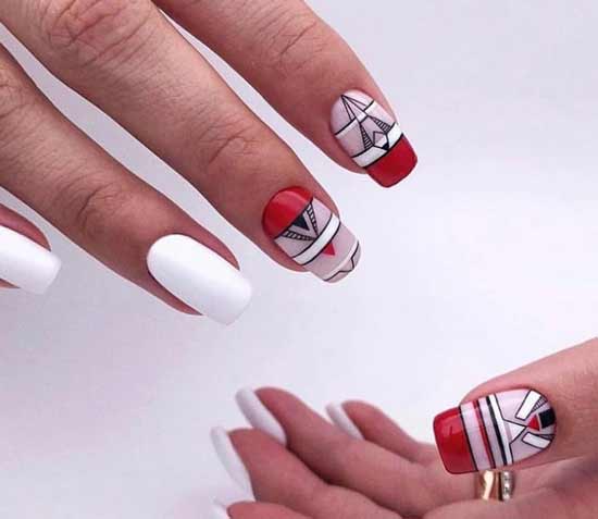 Géométrie en rouge et blanc sur les ongles
