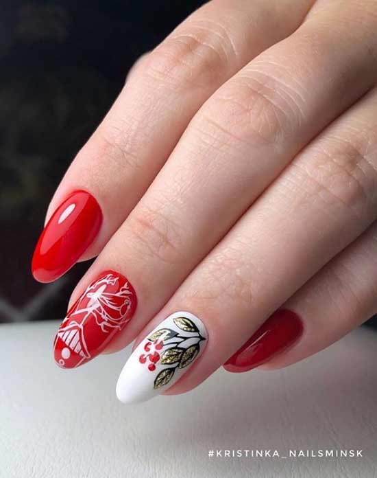 Manucure aux motifs blancs et rouges