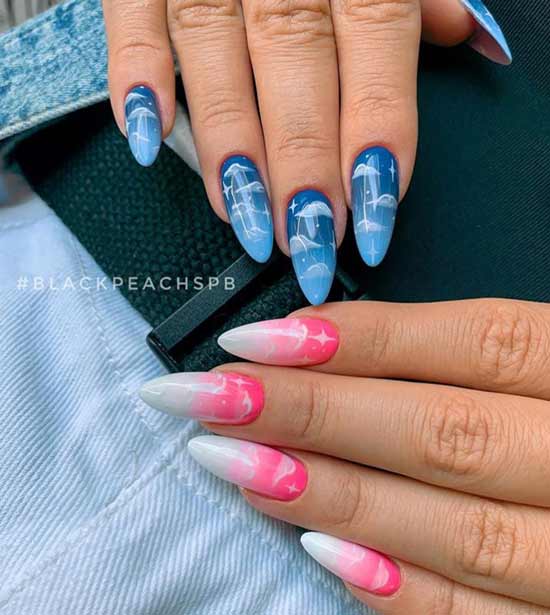 Manucure différentes mains avec des nuages