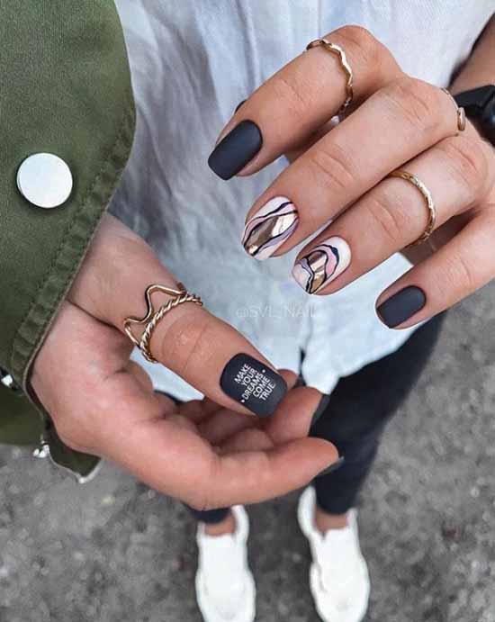 Manucure noire avec papier d'aluminium: nouveau design, idées de photo