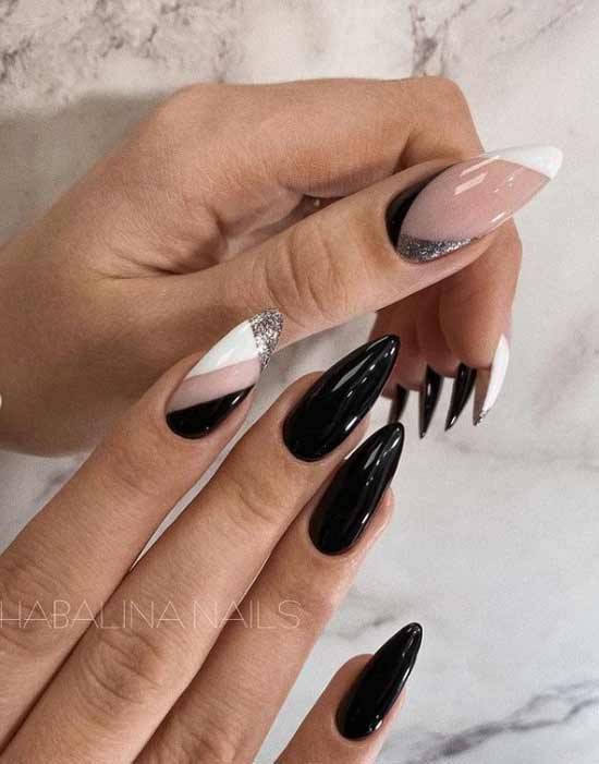 Ongles longs manucure noir et blanc