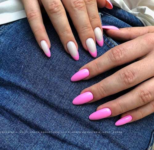 Manucure différente des mains dans des tons roses