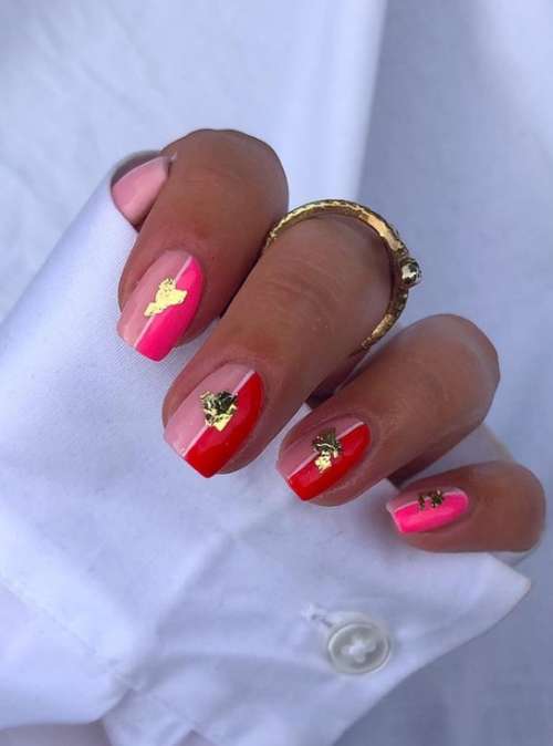 Manucure feuille rouge et rose